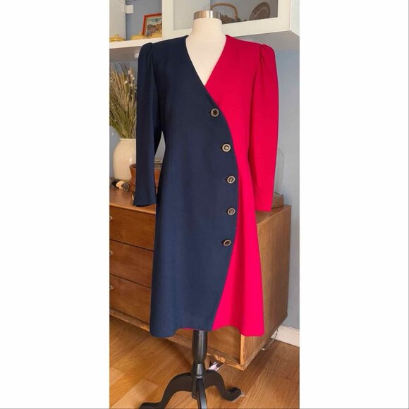 Vintage 80’s Lilli Ann Sheath Dress Button Front Wool Colorblock L Navy Pink - Picture 1 of 13